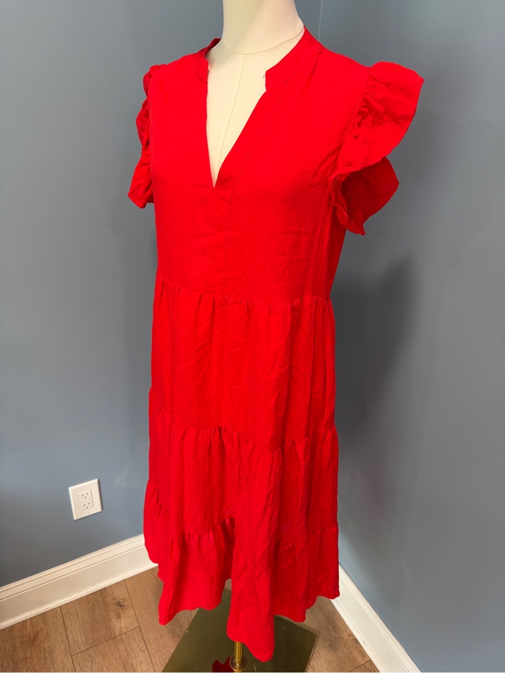 Aura Red Ruffle Sleeve Tiered Midi Dress Boho Cottagecore Small